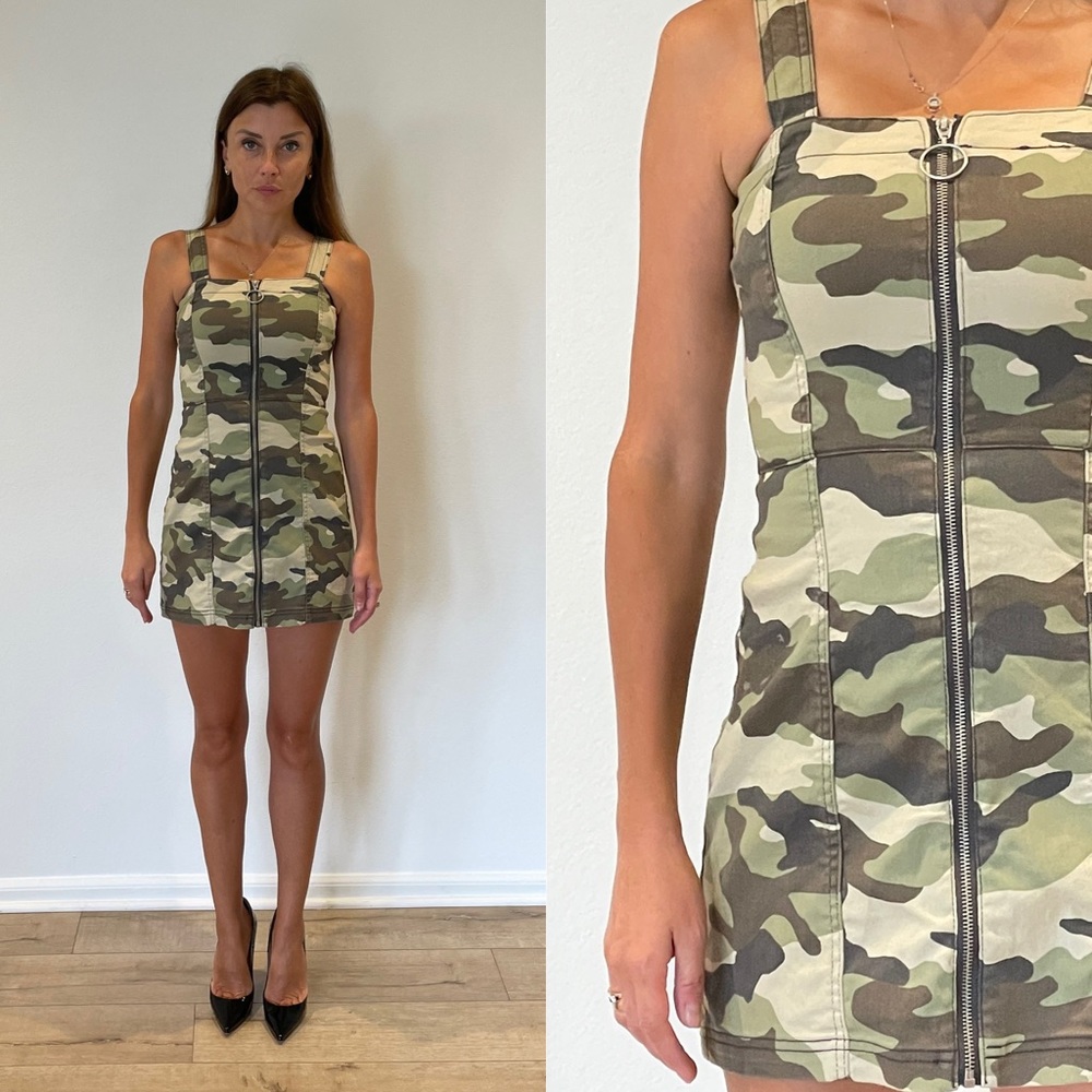 Vintage Camouflage Army Zip Up Sexy Mini Dress Size XS